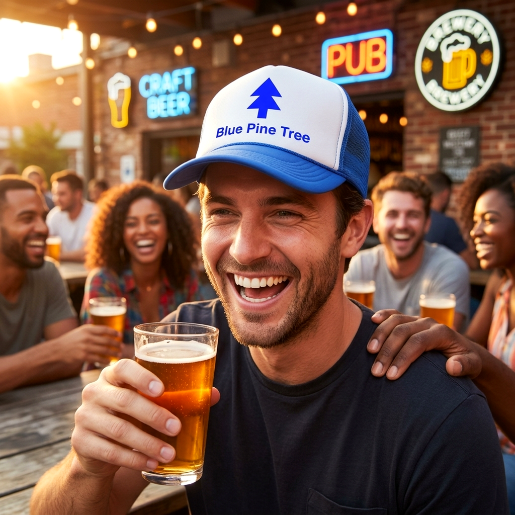 BLUE PINE TREE - Five Panel Retro Style TRUCKER Cap