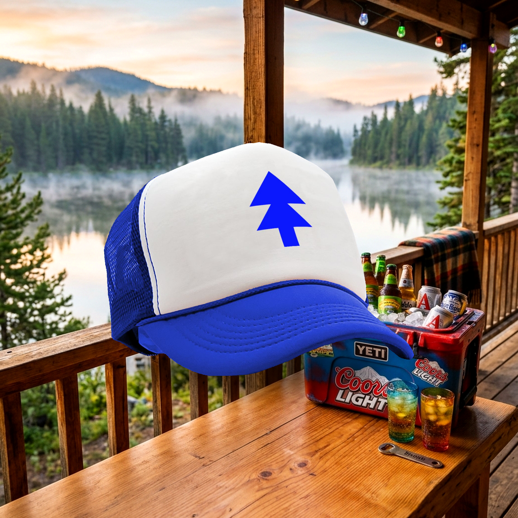 BLUE PINE TREE - Five Panel Retro Style TRUCKER Cap