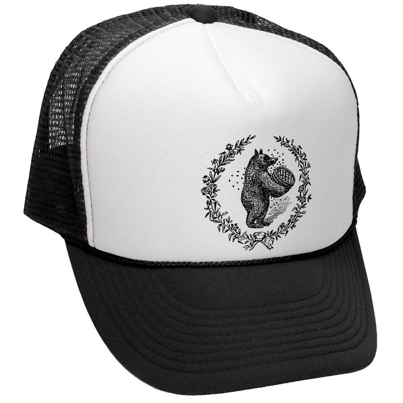 Bears and Bees Trucker Hat - Mesh Cap - Flat Bill Snap Back 5 Panel Hat