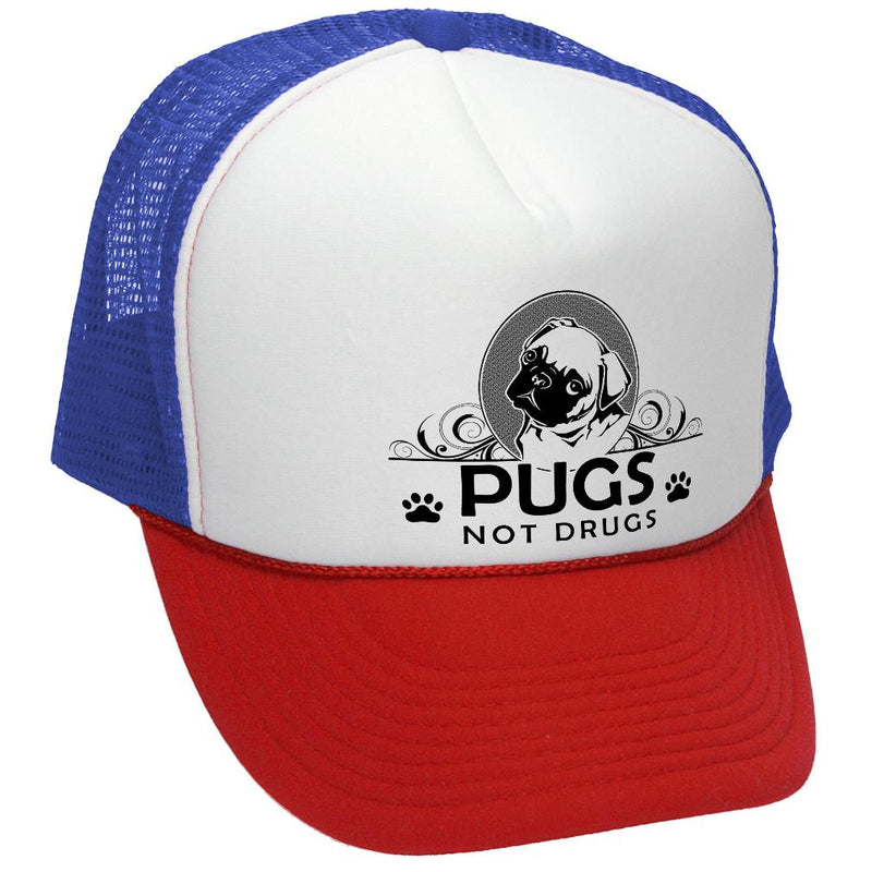 Pugs Not Drugs Trucker Hat - Mesh Cap - Five Panel Retro Style TRUCKER Cap