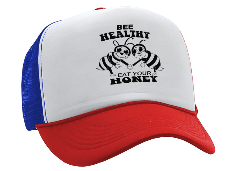 BEE HEALTHY - Eat Your Honey - Vintage Retro Style Trucker Cap Hat - Five Panel Retro Style TRUCKER Cap