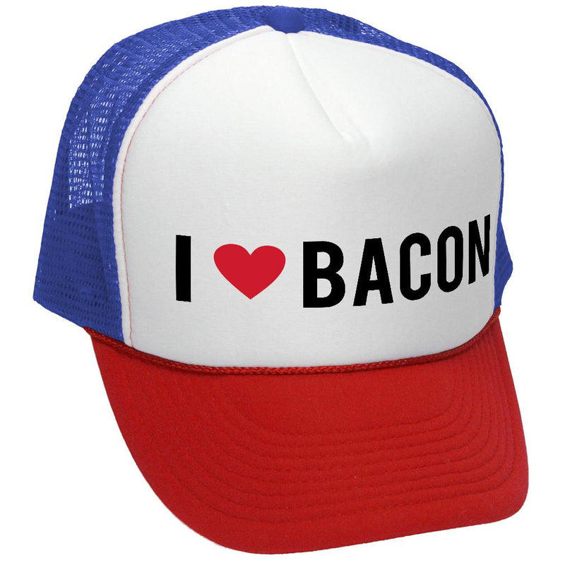 I HEART BACON - grease breakfast food - Vintage Retro Style Trucker Cap Hat - Five Panel Retro Style TRUCKER Cap