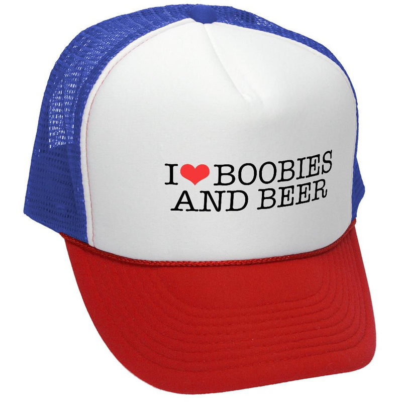 I Heart BOOBIES and BEER - Retro Vintage Mesh Trucker Cap Hat - Five Panel Retro Style TRUCKER Cap