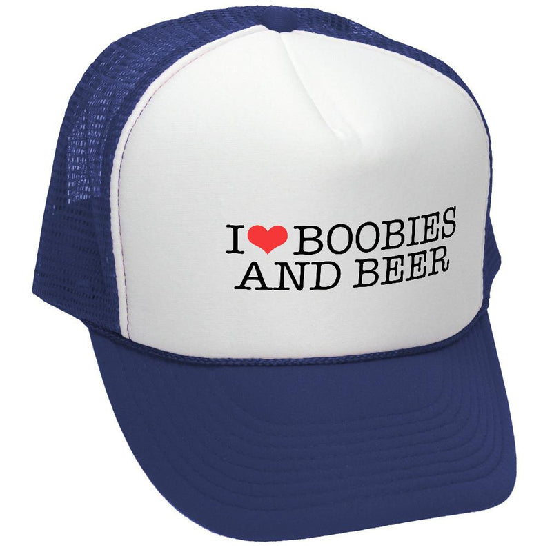 I Heart BOOBIES and BEER - Retro Vintage Mesh Trucker Cap Hat - Five Panel Retro Style TRUCKER Cap