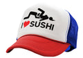 I HEART SUSHI - 69 eat out sexy down town - Vintage Retro Style Trucker Cap Hat - Five Panel Retro Style TRUCKER Cap