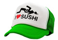 I HEART SUSHI - 69 eat out sexy down town - Vintage Retro Style Trucker Cap Hat - Five Panel Retro Style TRUCKER Cap