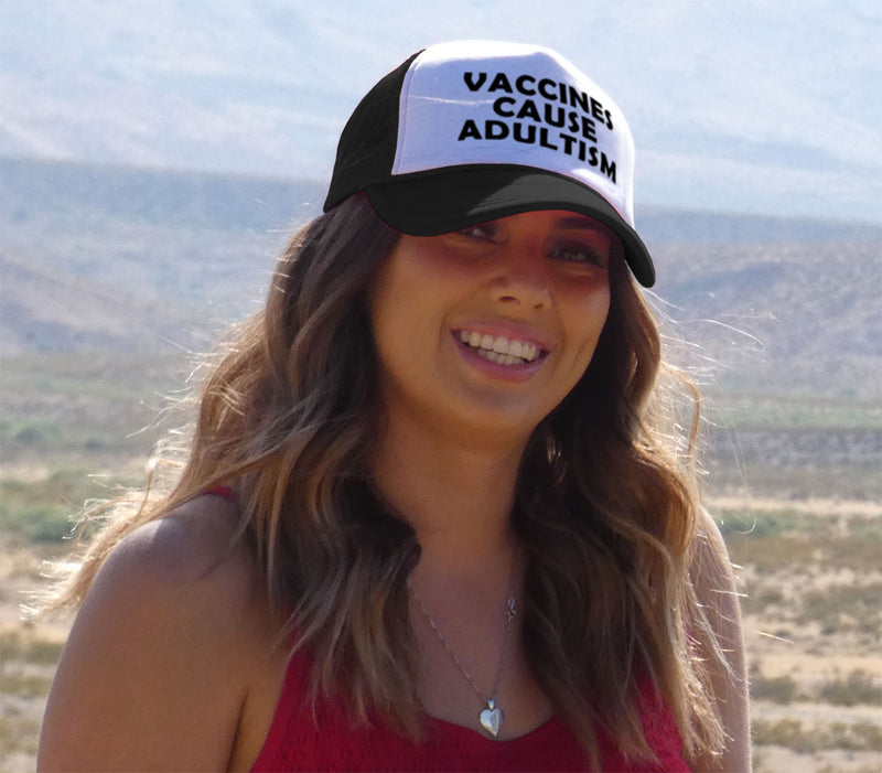 VACCINES CAUSE ADULTISM - Five Panel Retro Style TRUCKER Cap